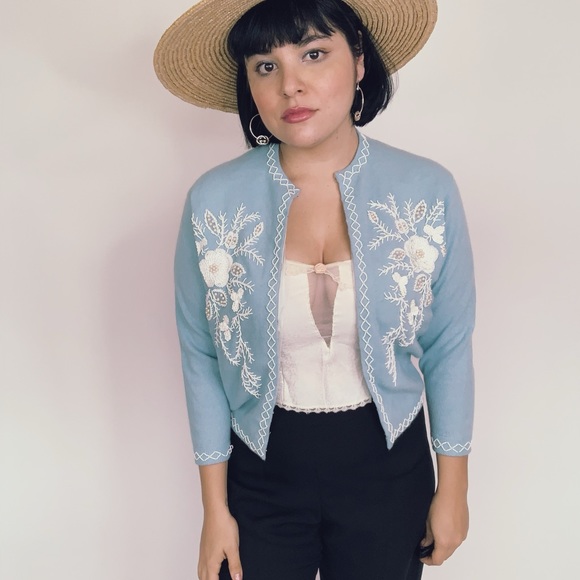 Vintage Sweaters - Vintage 50s Cashmere Beaded Cardigan Sweater